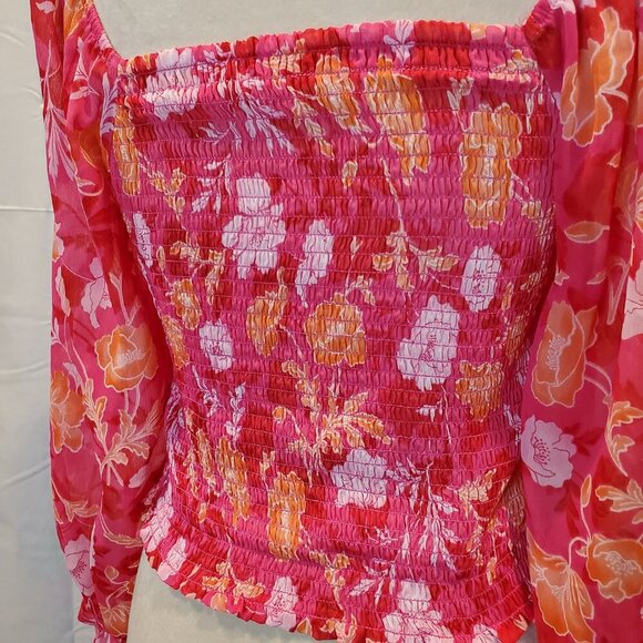 PLEIONE SZ S Pink/Orange Floral Ruched, Smocked Back Spring/Summer Sexy Blouse - Picture 8 of 10